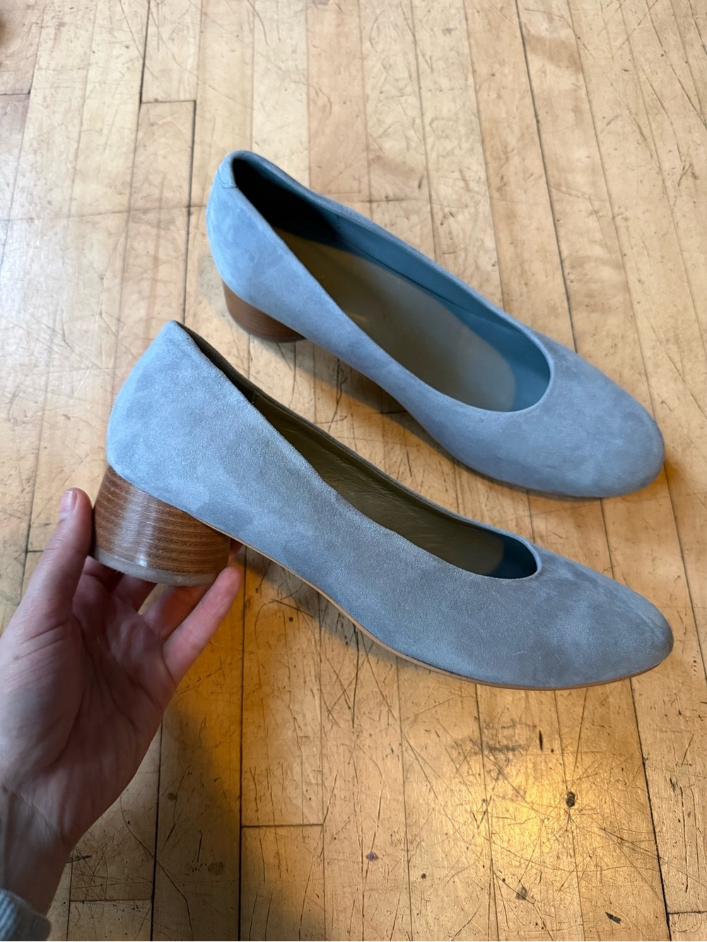 JIGSAW Suede Block Heel Slip On Pumps Round Toe Grey Minimal Classic 40